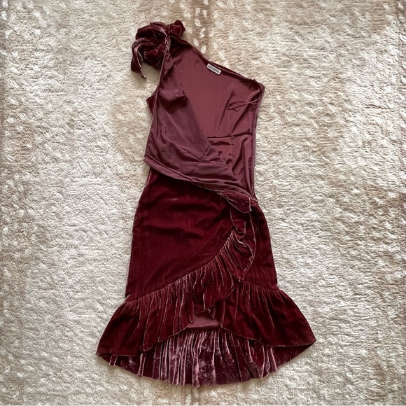 Ulla Johnson Elisa One Shoulder Bow Velvet Midi Dress Puce Dark Cherry Red Sz 4 - Picture 4 of 14